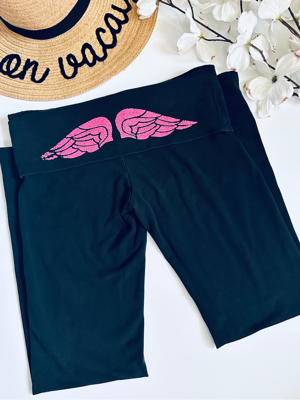 Y2K Victoria's Secret Yoga Fold Over Pink Wings Flare Bootcut Leggings M Short